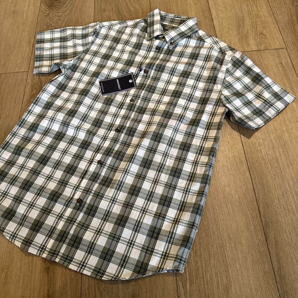 Architect Men's Short Sleeve Button Down Shirt Plaid Sage Size Small NEW